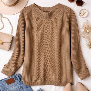 Tommy Hilfiger Camel Color Cable Knit Crew Neck Sweater Size L/XL